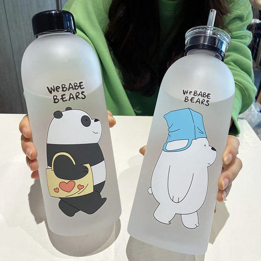 Cute Bear Cartoon Water Bottle 1000ml Leakproof Frosted Drinkware