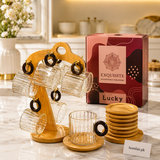 Luxury Glass Cup & Saucer Set with Wooden Stand