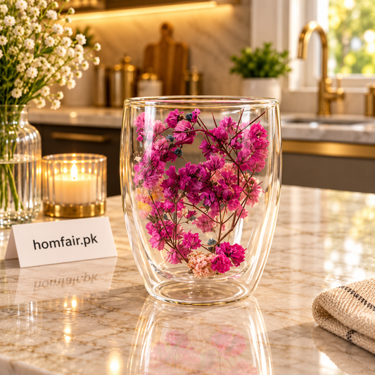 Purple & Magenta Floral Double-Wall Glass Cup – Heat-Resistant Mug