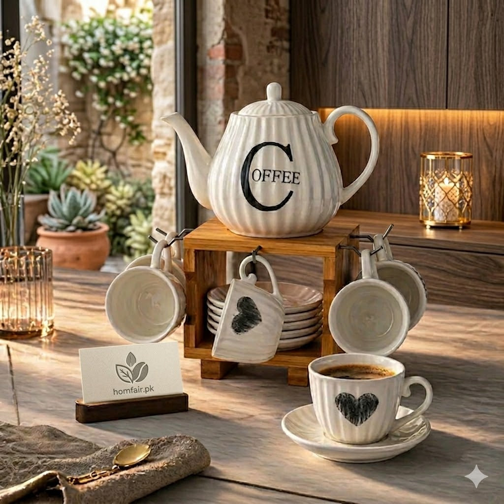 13 Pcs Luxury Tea Set with Wooden Stand – Premium Coffee & Tea Serving Set (6 Cups + 6 Saucers + Teapot)