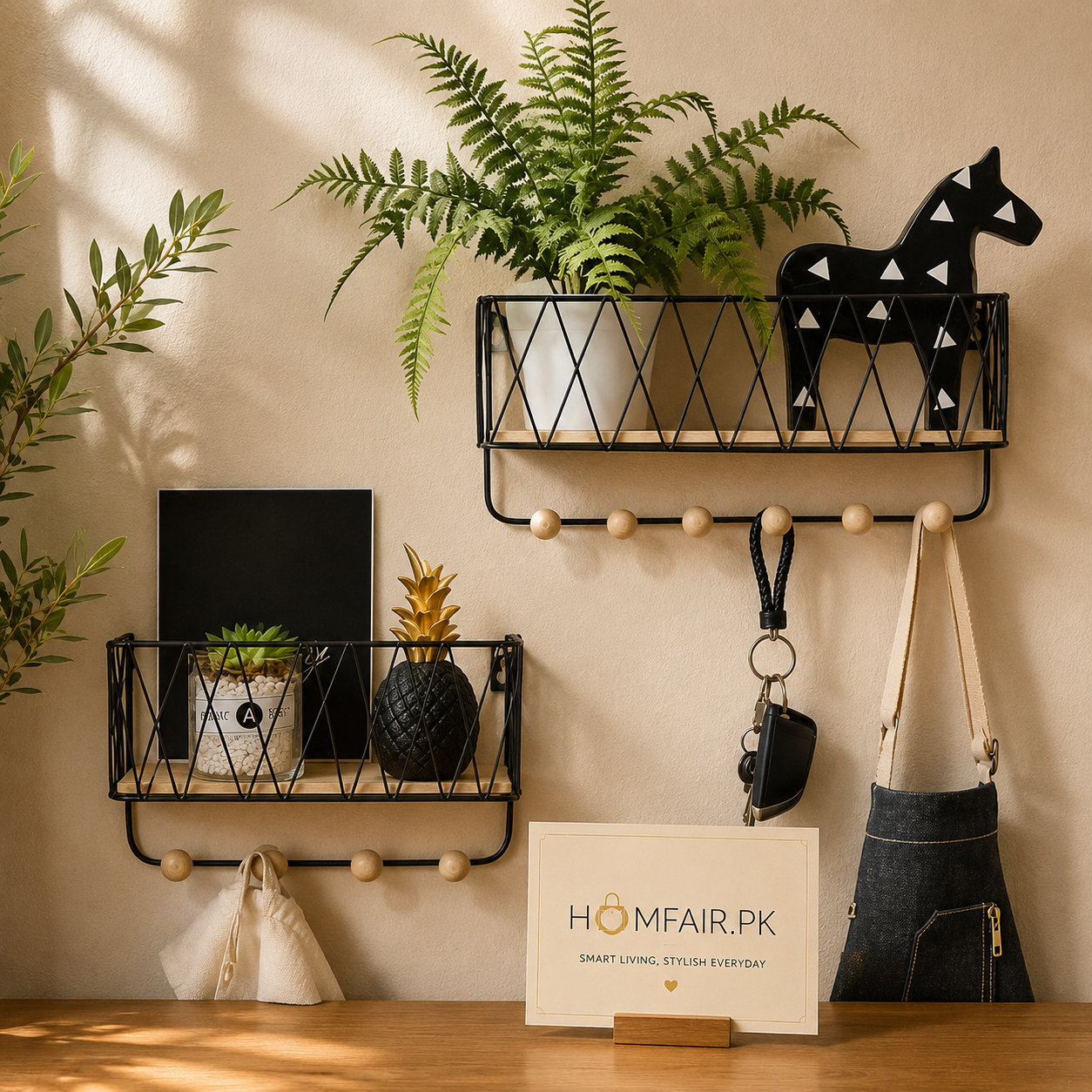 Luxury Nordic Wall Basket Shelf with Wooden Hooks | Modern Metal Storage Organizer Rack