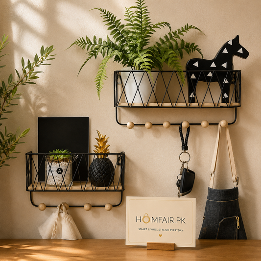 Luxury Nordic Wall Basket Shelf with Wooden Hooks | Modern Metal Storage Organizer Rack