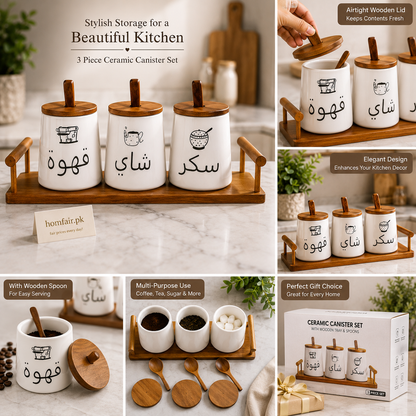 Premium Ceramic Coffee, Tea & Sugar Canister Set with Wooden Tray  (3 Pieces)