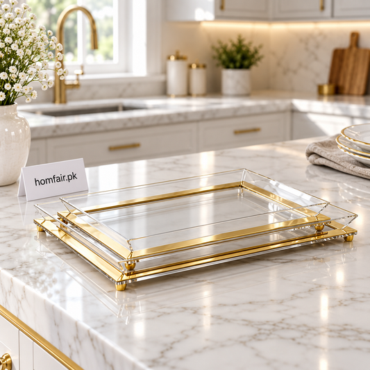 2 Pcs Acrylic Tray Set – Gold Trim & Raised Feet
