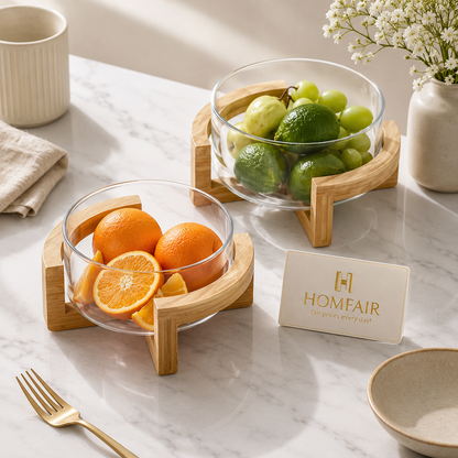 Premium Glass Fruit Bowl with Bamboo Wooden Stand | Modern Serving & Storage Bowl