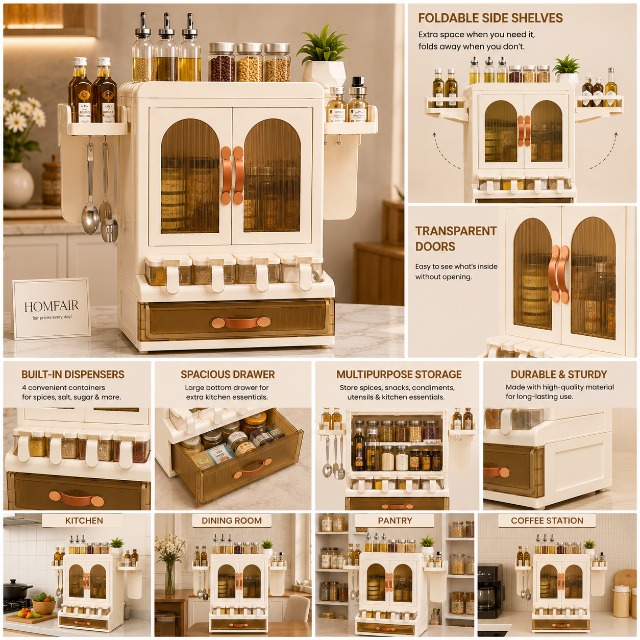 Premium Multipurpose Kitchen Storage Cabinet with Foldable Side Shelves & Storage Drawer