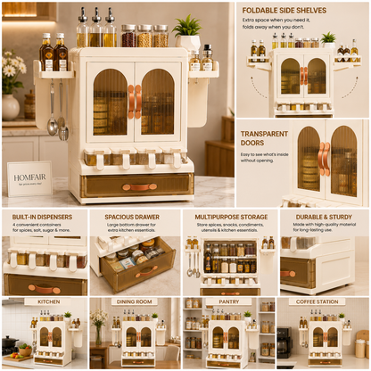 Premium Multipurpose Kitchen Storage Cabinet with Foldable Side Shelves & Storage Drawer