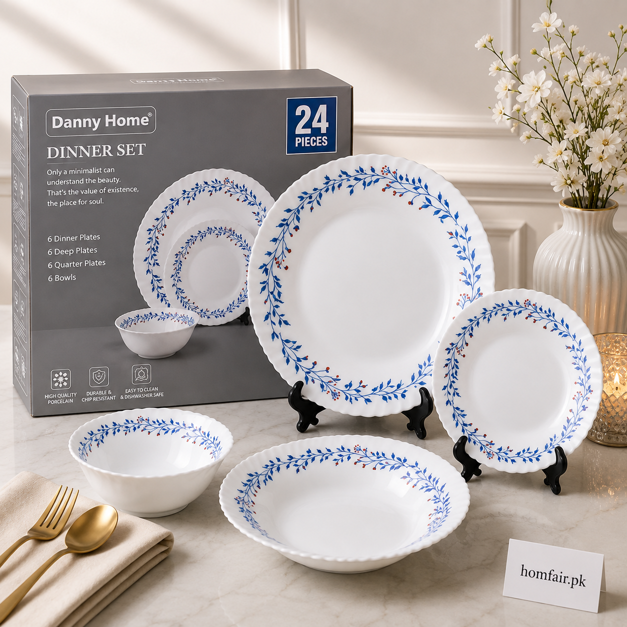 Danny Home 24 Pcs Blue Botanical Dinner Set