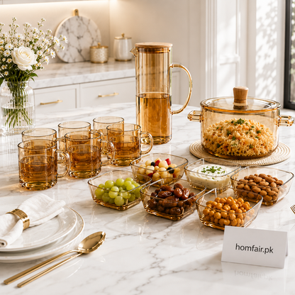 Heat-Resistant Amber Glass Serveware Set Glass Pitcher, Casserole, Mugs & Bowls (14-Piece)