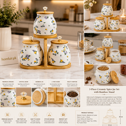 Premium 3-Piece Ceramic Spice Jar Set with Bamboo Stand
