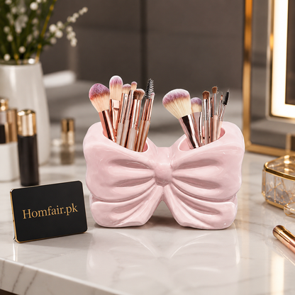 Luxury Ceramic Bow Makeup Brush Holder Organizer – Pink Vanity Storage