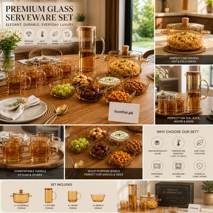 Heat-Resistant Amber Glass Serveware Set Glass Pitcher, Casserole, Mugs & Bowls (14-Piece)