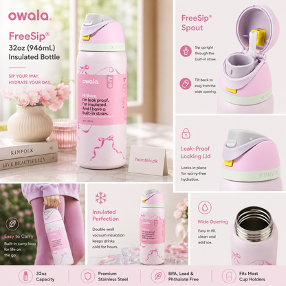 Owala Pink Bows Water Bottle – Insulated Bottle 32oz