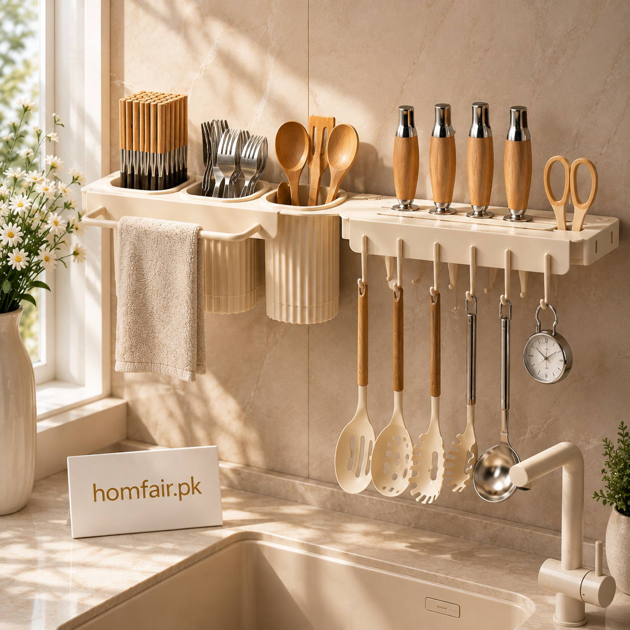 Wall Mounted Kitchen Organizer Rack with Utensil Holder & Multi Hook Storage Shelf