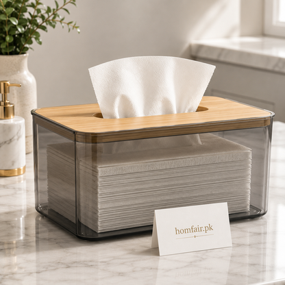 Rectangular Transparent Tissue Holder with Bamboo Lid