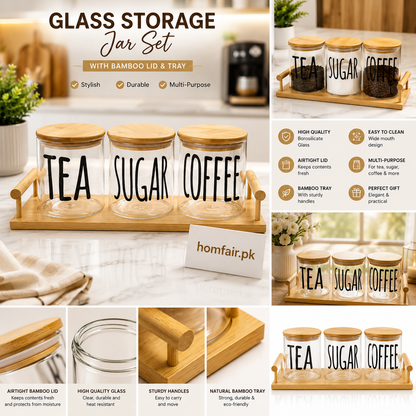 Piece Glass Storage Jar Set with Bamboo Lids & Wooden Tray