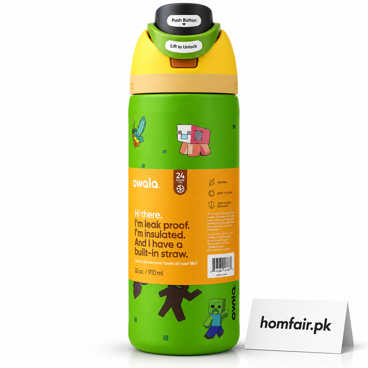 Owala Minecraft-Inspired 24oz Green Insulated Water Bottle with Built-In Straw & Locking Lid