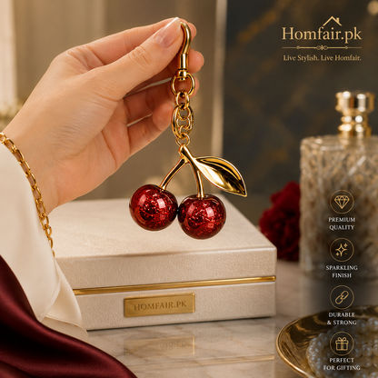 Luxury Sparkling Cherry Keychain – Red Enamel Gold Keyring