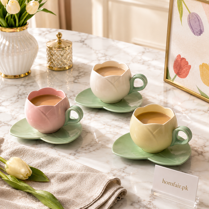 Tulip Ceramic Coffee Cup & Leaf Saucer Set Elegant Floral Tea Mug