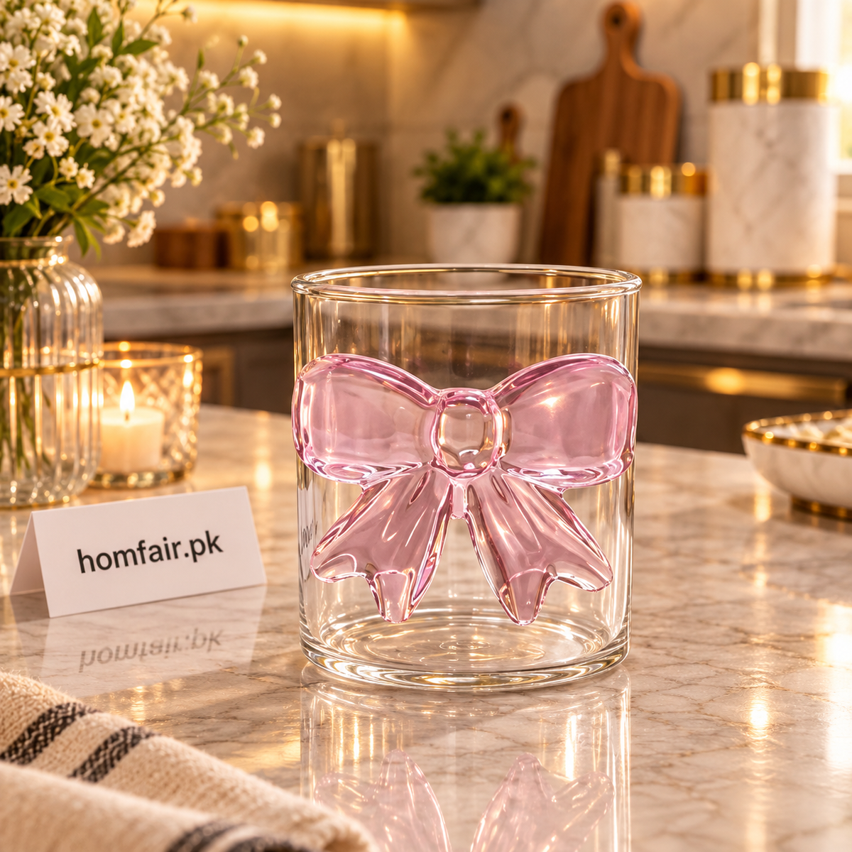Luxury 3D Pink Bow Crystal Glass Mug – Elegant Coquette Tea & Coffee Cup