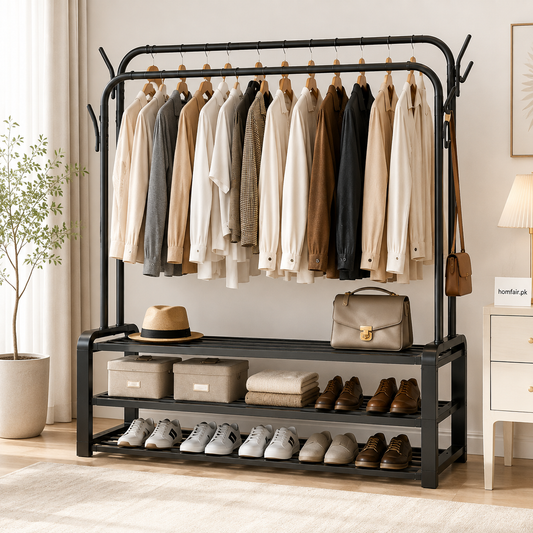 Heavy-Duty Double Rail Clothes Rack with Storage Shelves – 48KG Load Capacity