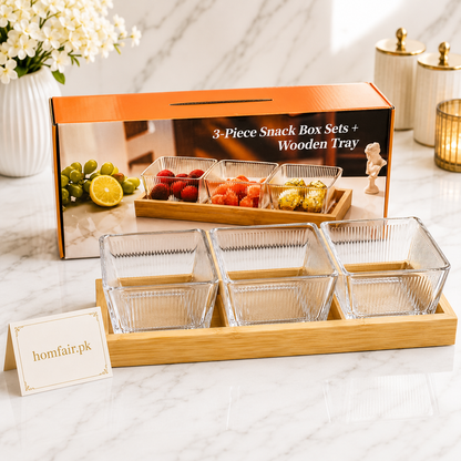 3 Bowl Glass Snack Serving Set with Bamboo Tray