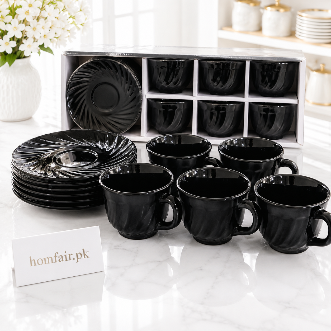 12-Piece Premium Black Ceramic Tea Cup & Saucer Set