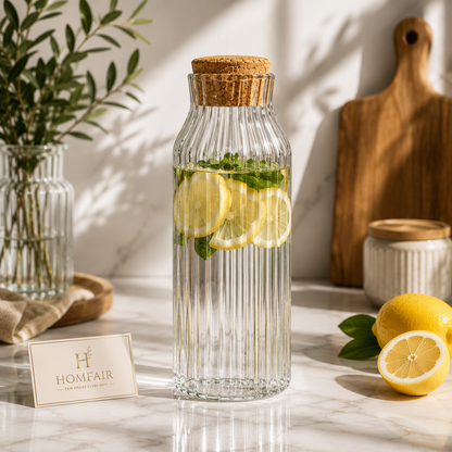 Ribbed Glass Water Bottle with Natural Cork Lid