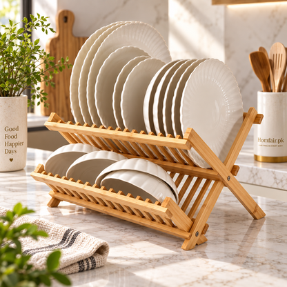 Foldable Bamboo Dish Rack, Kitchen Countertops, Wooden Plate Holder, Dish Drying Organizer.