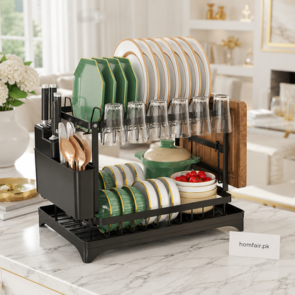 2-Tier Dish Drying Rack with Utensil Holder Space-Saving Kitchen Organizer