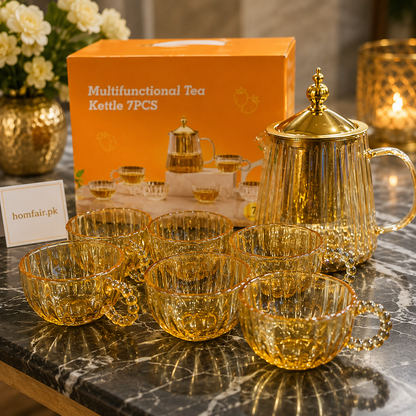 Premium Glass Tea Pot Set with 6 Luxury Tea Cups
