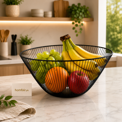 Premium Black Metal Wire Fruit Basket – Modern Countertop Fruit Bowl