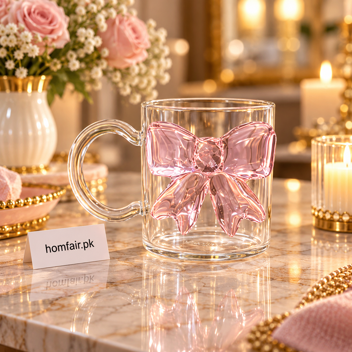 Luxury 3D Bow Glass Mug with Handle for Coffee & Tea