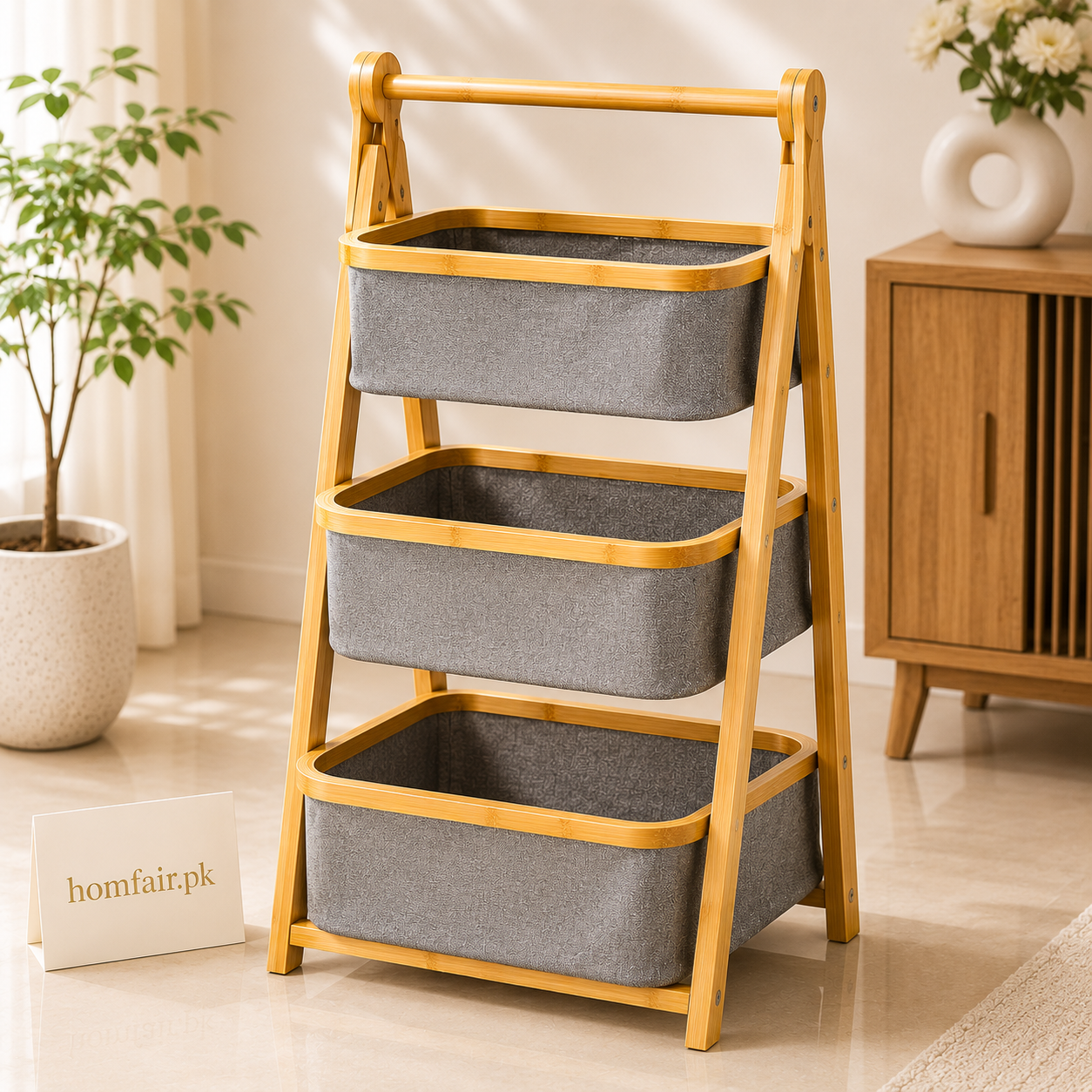 Premium Bamboo 2-Tier Storage Organizer with Removable Fabric Baskets