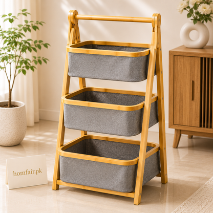 Premium Bamboo 2-Tier Storage Organizer with Removable Fabric Baskets