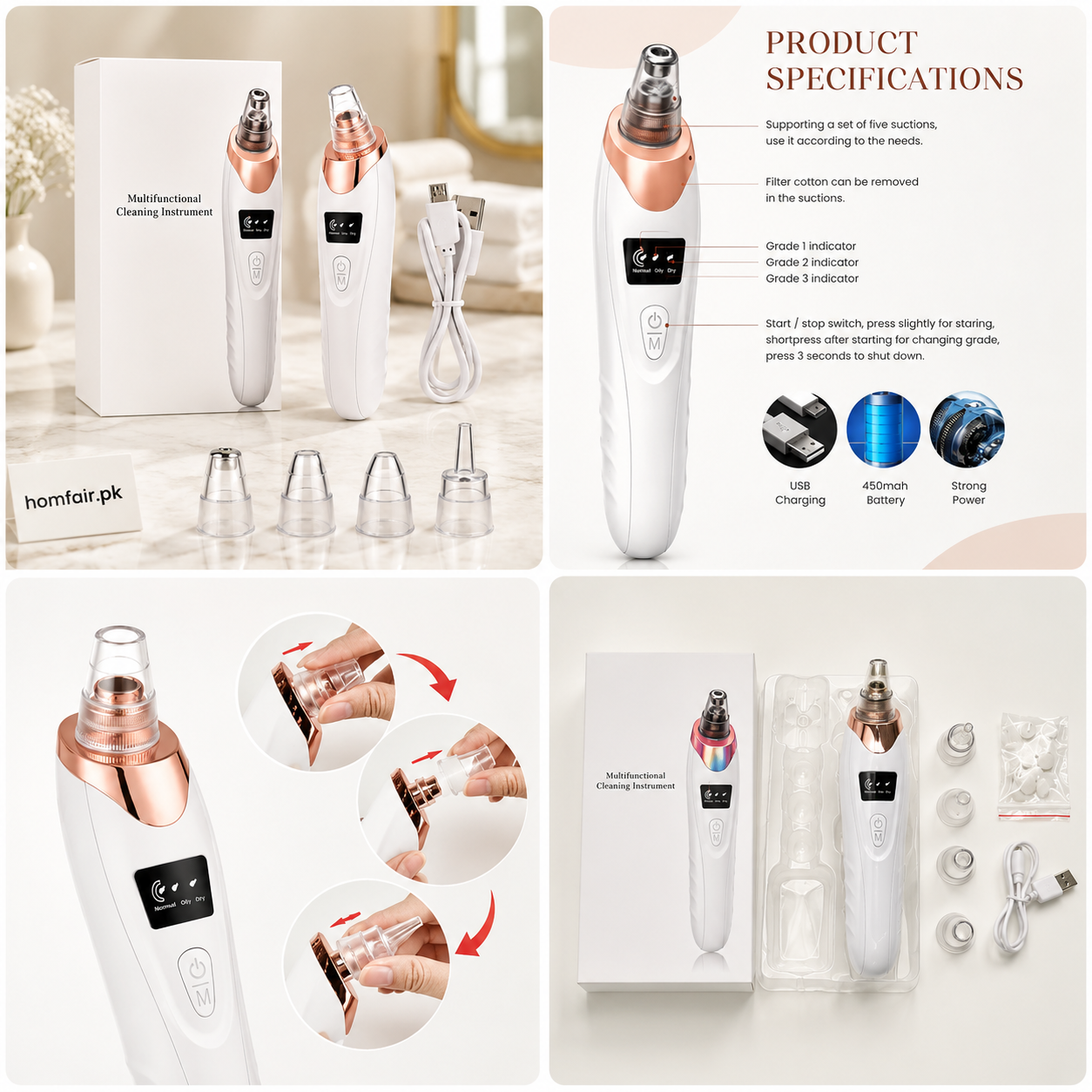 Rechargeable Blackhead Remover Vacuum Facial Pore Cleaner with 4 Suction Heads