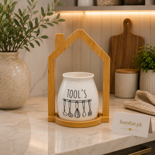 Premium Ceramic Utensil Holder with House-Shaped Bamboo Stand