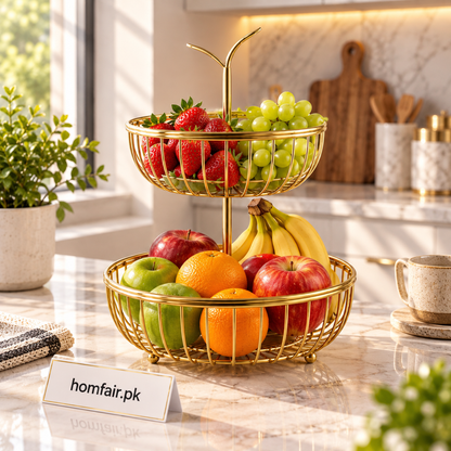 2-Tier Gold Wire Fruit Basket Holder for Kitchen Countertop and Dining Table
