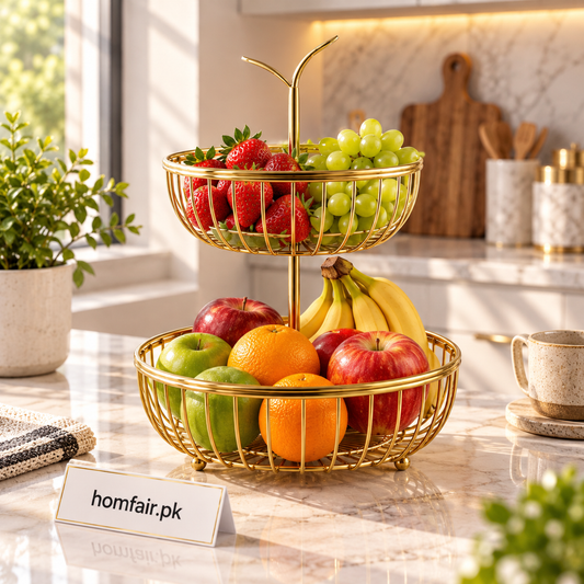 2-Tier Gold Wire Fruit Basket Holder for Kitchen Countertop and Dining Table