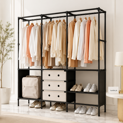 3-Section Open Wardrobe Rack with Hanging Rods, Fabric Drawers & Shoe Storage