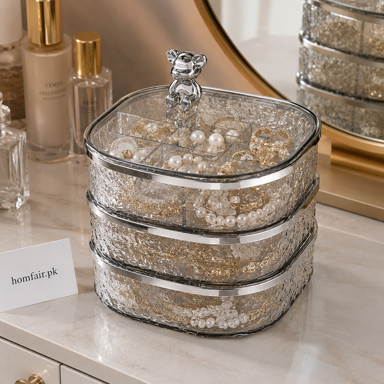 Luxury 3-Tier Glass Jewelry Organizer Box with Bear Handle