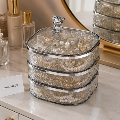 Luxury 3-Tier Glass Jewelry Organizer Box with Bear Handle