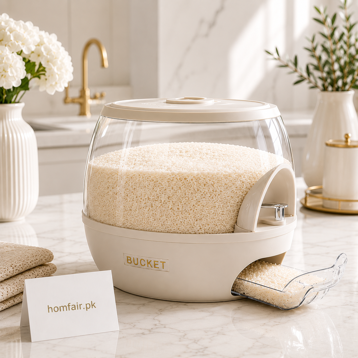 Premium Rice Storage Container with Measuring Cup | Airtight Grain Dispenser