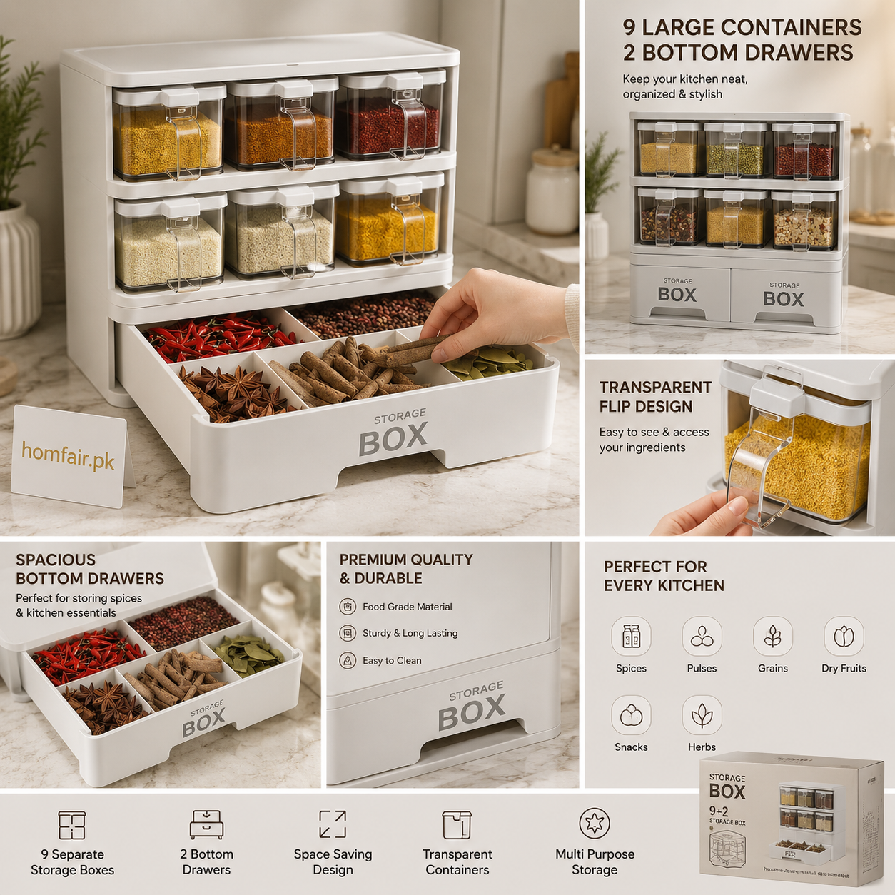 Kitchen Storage Box Organizer with 2 Drawers