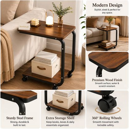 Premium C-Shaped Side Table with Storage Shelf & Wheels