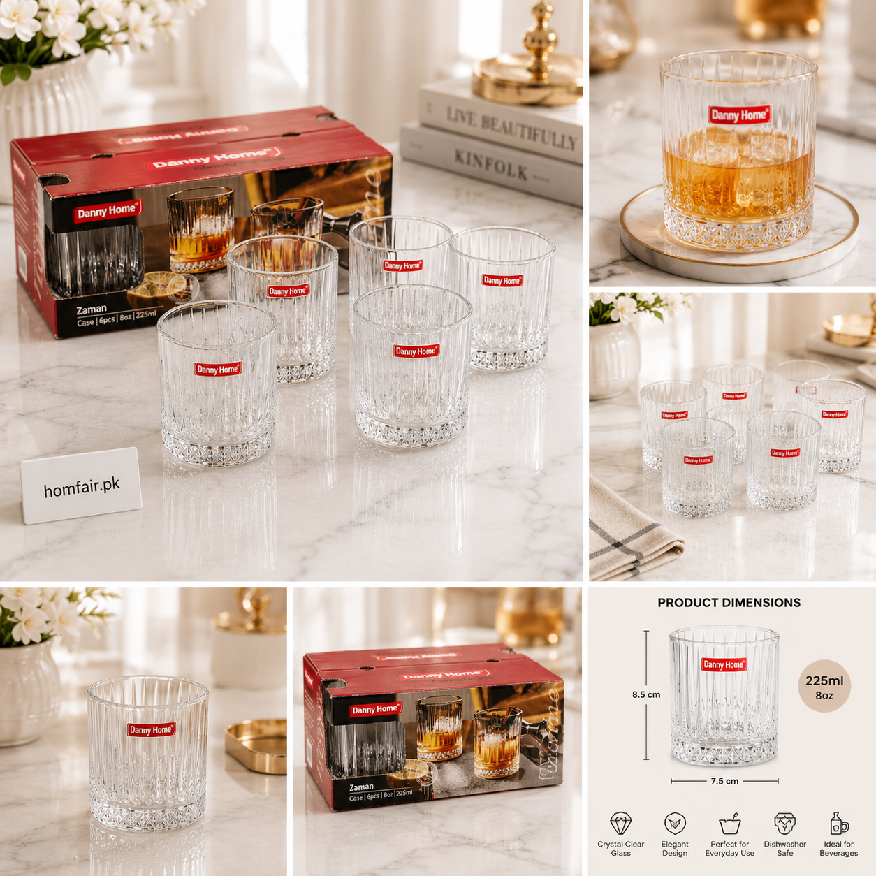 Danny Home Zaman Crystal Glass Tumbler Set - 6pcs 225ml