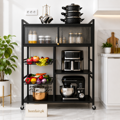 Premium Kitchen Storage Cabinet Rack with Sliding Doors & Multi-Tier Shelves