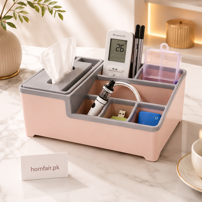 Premium Multi-Compartment Tissue Box Organizer – Desktop Storage Holder for Home & Office