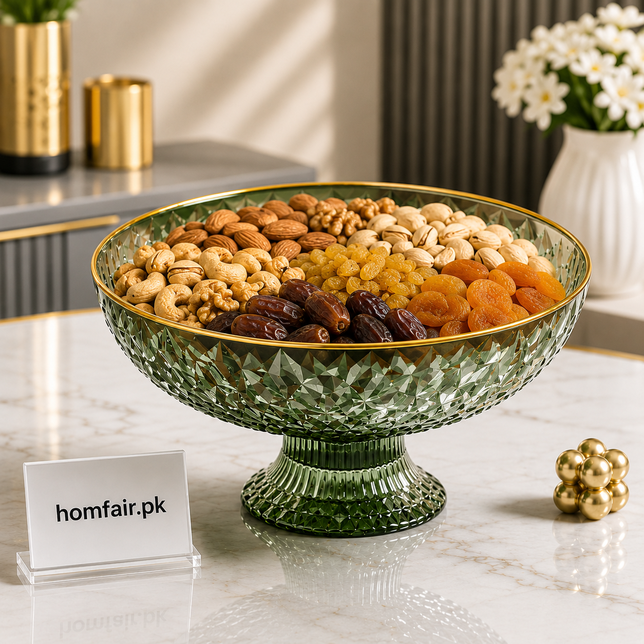 Luxury Crystal Acrylic Dry Fruit Bowl with Gold Rim & Pedestal Base