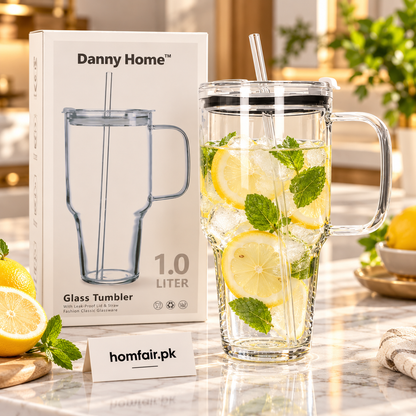 Danny Home 1L Glass Tumbler with Handle, Leak-Resistant Lid & Reusable Straw